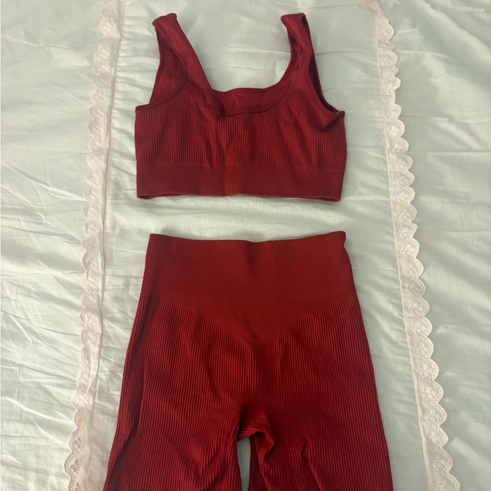 Women's Red Ribbed Workout Set - Picture 2 of 4